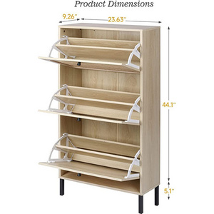 Rattan Shoe Cabinet with 3 Flip Drawers Metal Door Narrow Shoe Storage Cabinet for Entryway