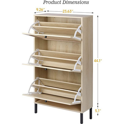 Rattan Shoe Cabinet with 3 Flip Drawers Metal Door Narrow Shoe Storage Cabinet for Entryway