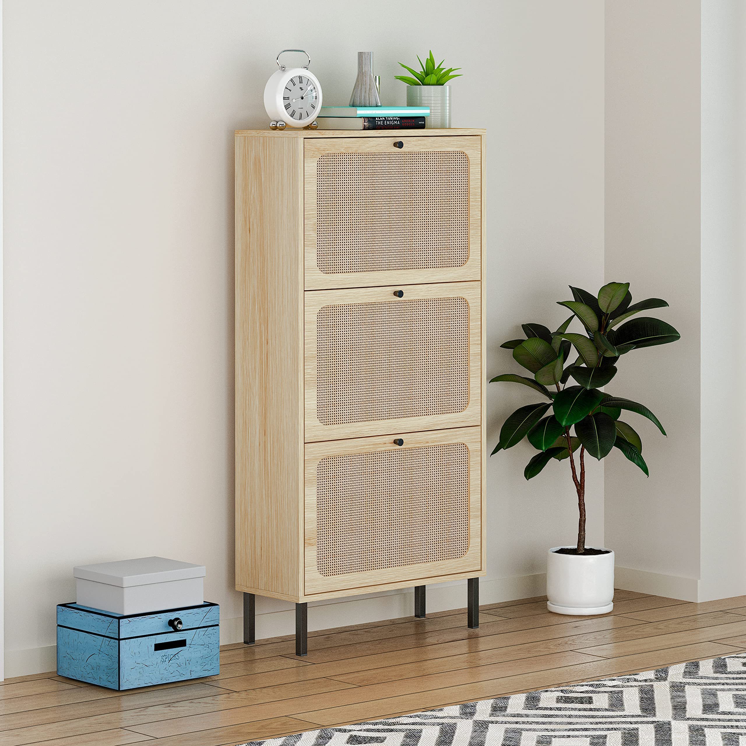 Rattan Shoe Cabinet with 3 Flip Drawers Metal Door Narrow Shoe Storage Cabinet for Entryway