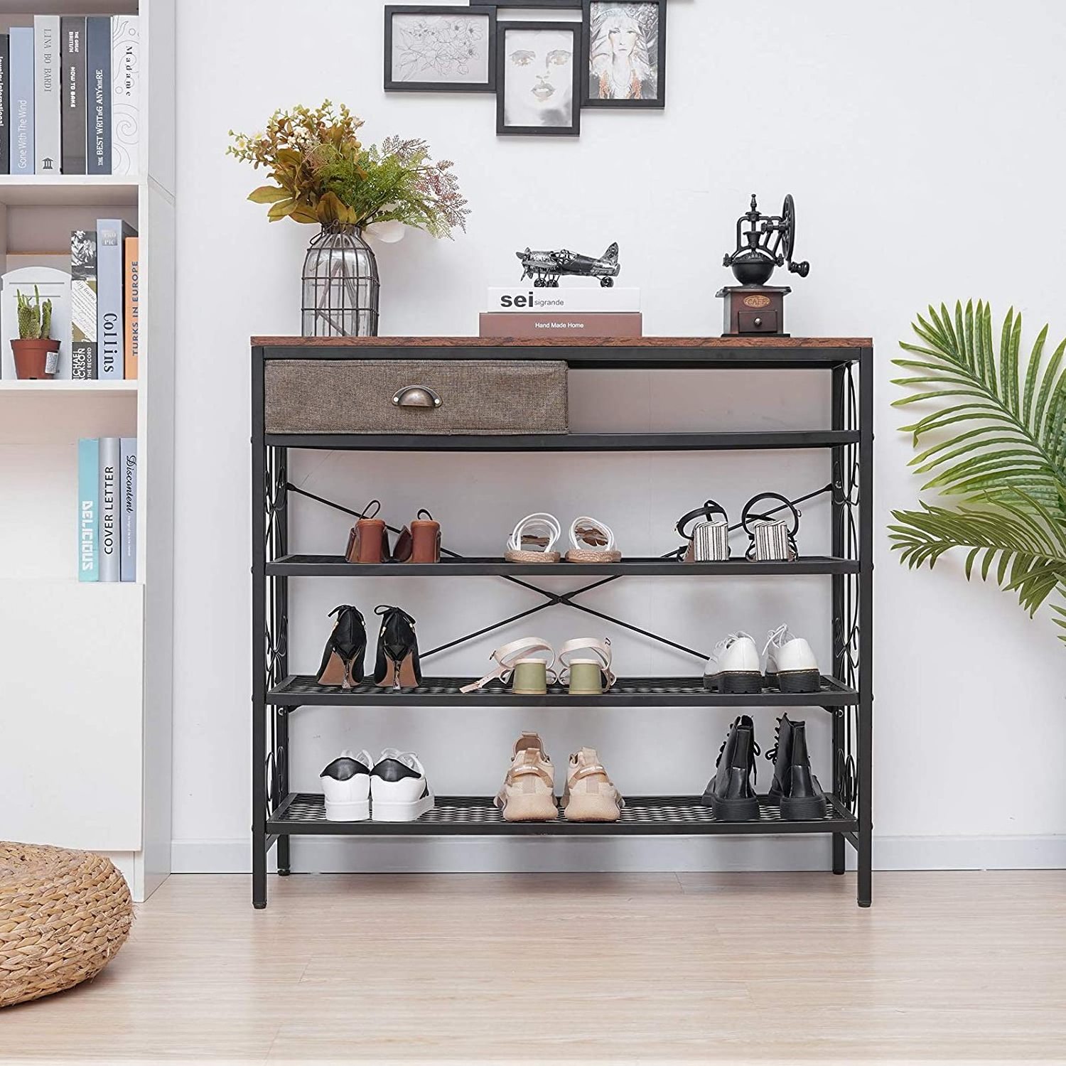 Entryway Black 4-Tier Shoe Rack Organizer Industrial Metal Closet vertical portable wooden shoe rack