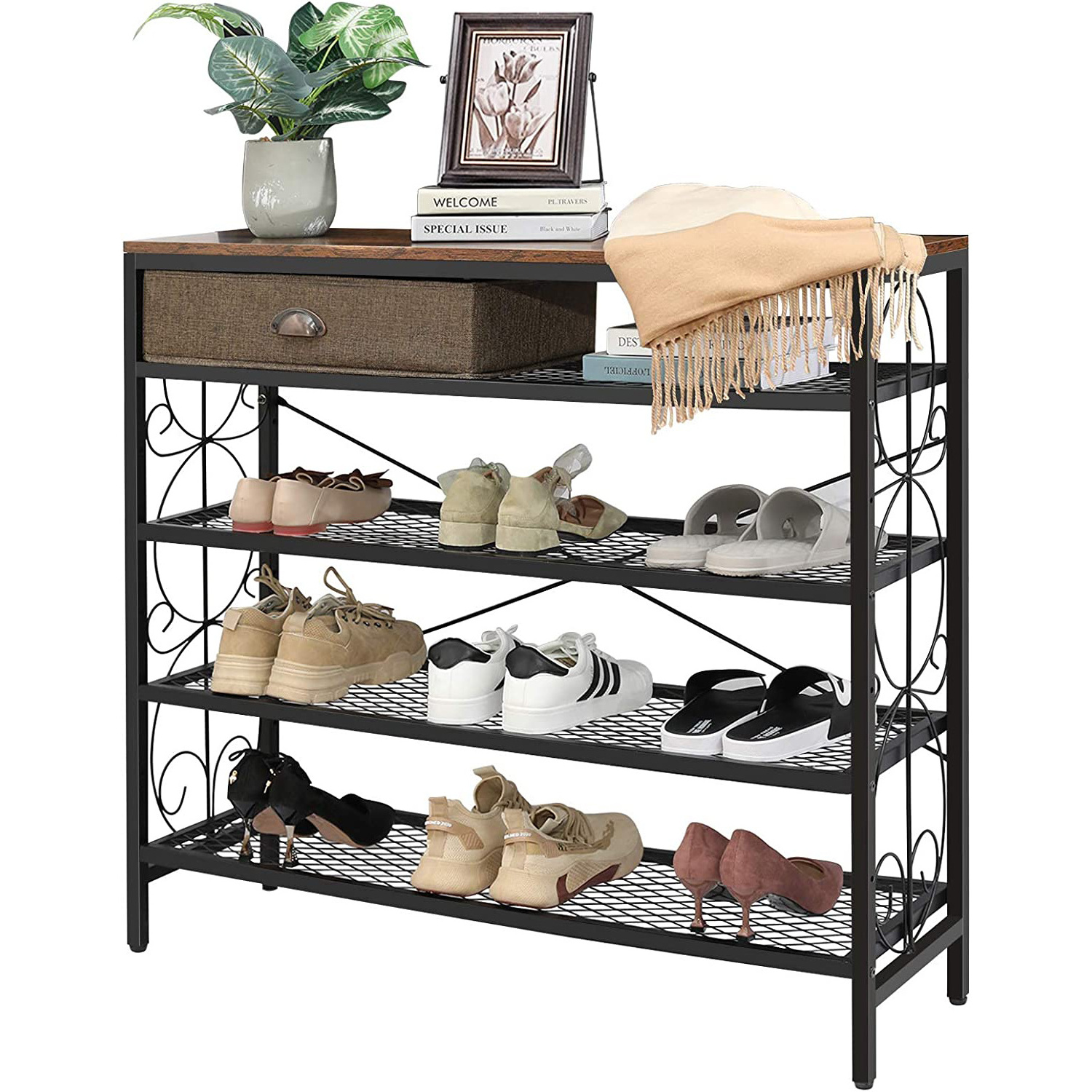 Entryway Black 4-Tier Shoe Rack Organizer Industrial Metal Closet vertical portable wooden shoe rack