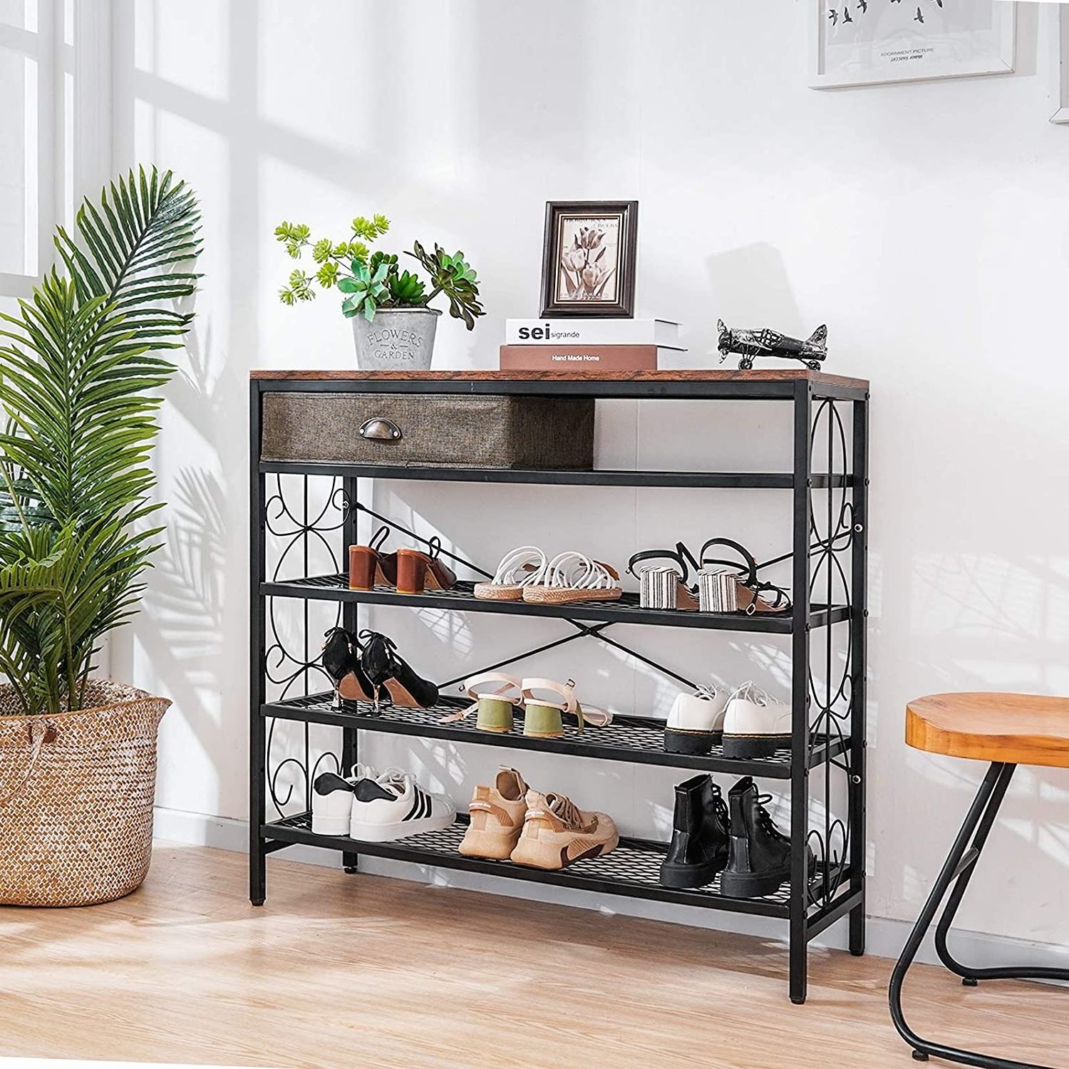 Entryway Black 4-Tier Shoe Rack Organizer Industrial Metal Closet vertical portable wooden shoe rack