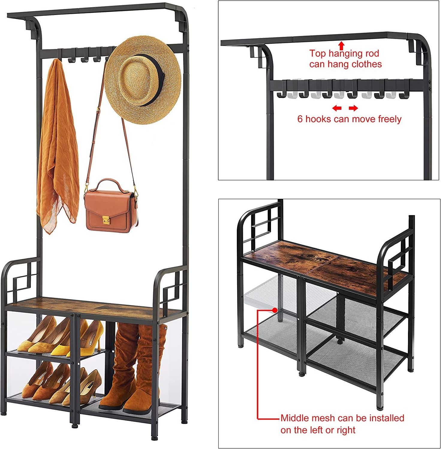 Hall Tree with Bench and Shoe Storage Coat Rack Shoe Bench and 3-in-1 Shoe Rack and Coat Rack for Entryway