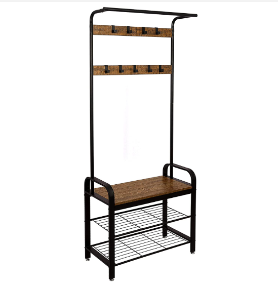 Modern Clothes Stands Wood Shoe Storage Bench Rack with Coat Hanger Matt Metal Frame