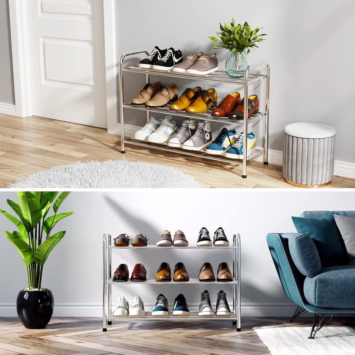 4-Tier Shoe Rack for Entryway and Small Spaces with Wooden Top & Metal Frames