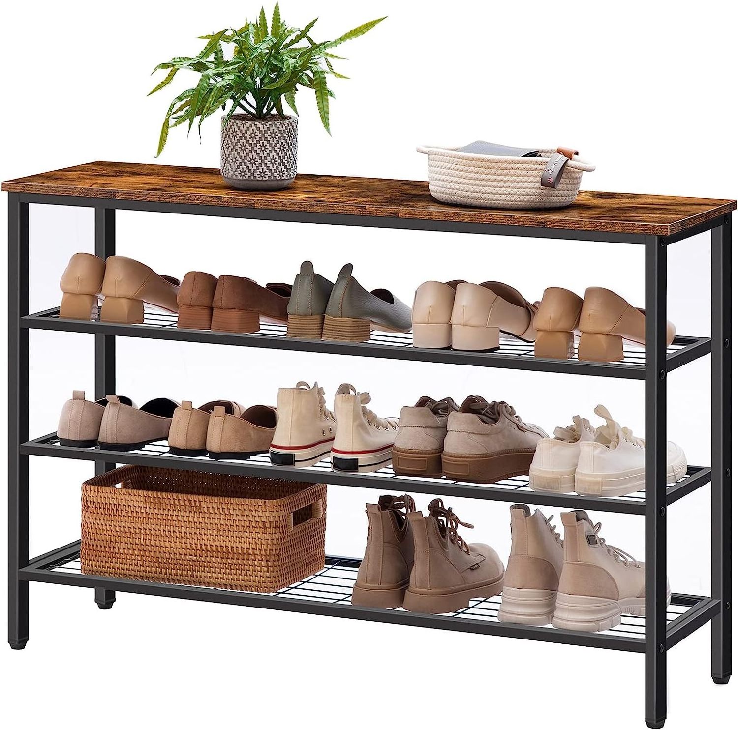 4-Tier Shoe Rack for Entryway and Small Spaces with Wooden Top & Metal Frames