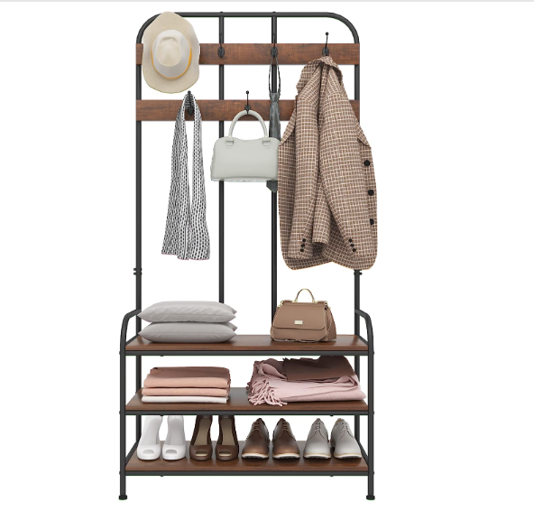 Industrial Hall Tree 3-in-1 Coat Hanger Stand with Shoe Rack  Hook Stand Shelf Storage Jacket Stand