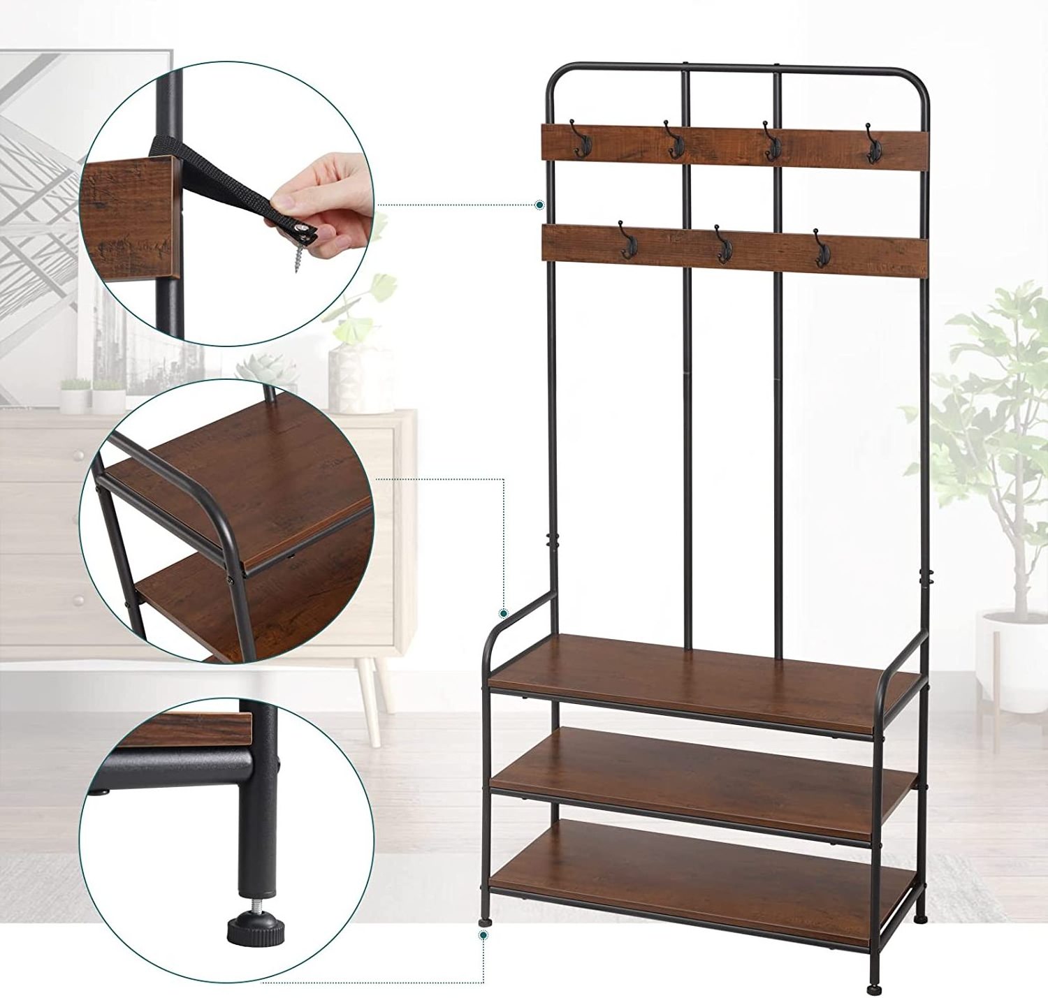 Industrial Hall Tree 3-in-1 Coat Hanger Stand with Shoe Rack  Hook Stand Shelf Storage Jacket Stand