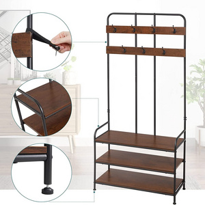 Industrial Hall Tree 3-in-1 Coat Hanger Stand with Shoe Rack  Hook Stand Shelf Storage Jacket Stand