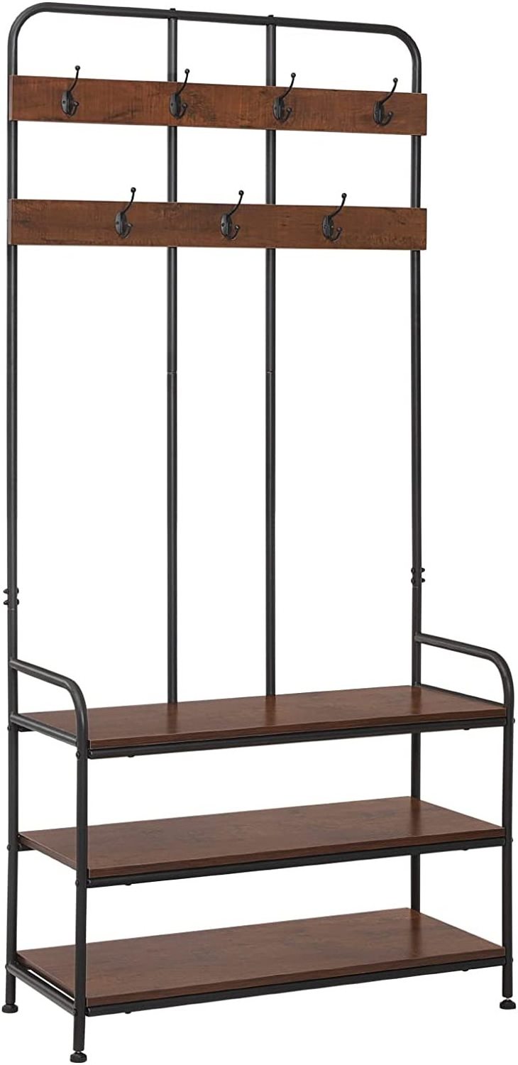 Industrial Hall Tree 3-in-1 Coat Hanger Stand with Shoe Rack  Hook Stand Shelf Storage Jacket Stand