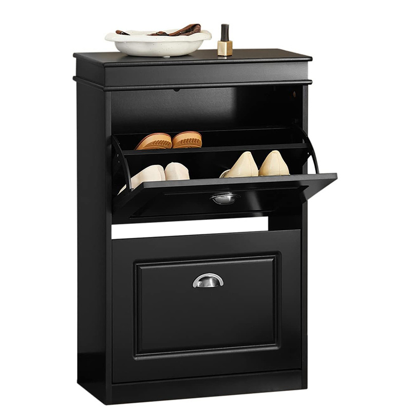 Black 2 Flip-Drawers Slim Shoe Cabinet Freestanding Shoe Rack