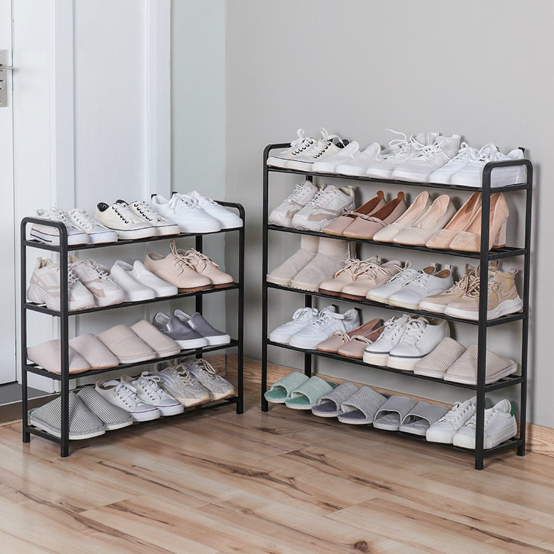 Shoe Rack 4 Tier  for Entryway Sturdy Shoe Organizer Storage for Dorm Heavy Duty Black Metal Shoe Shelf with Hooks