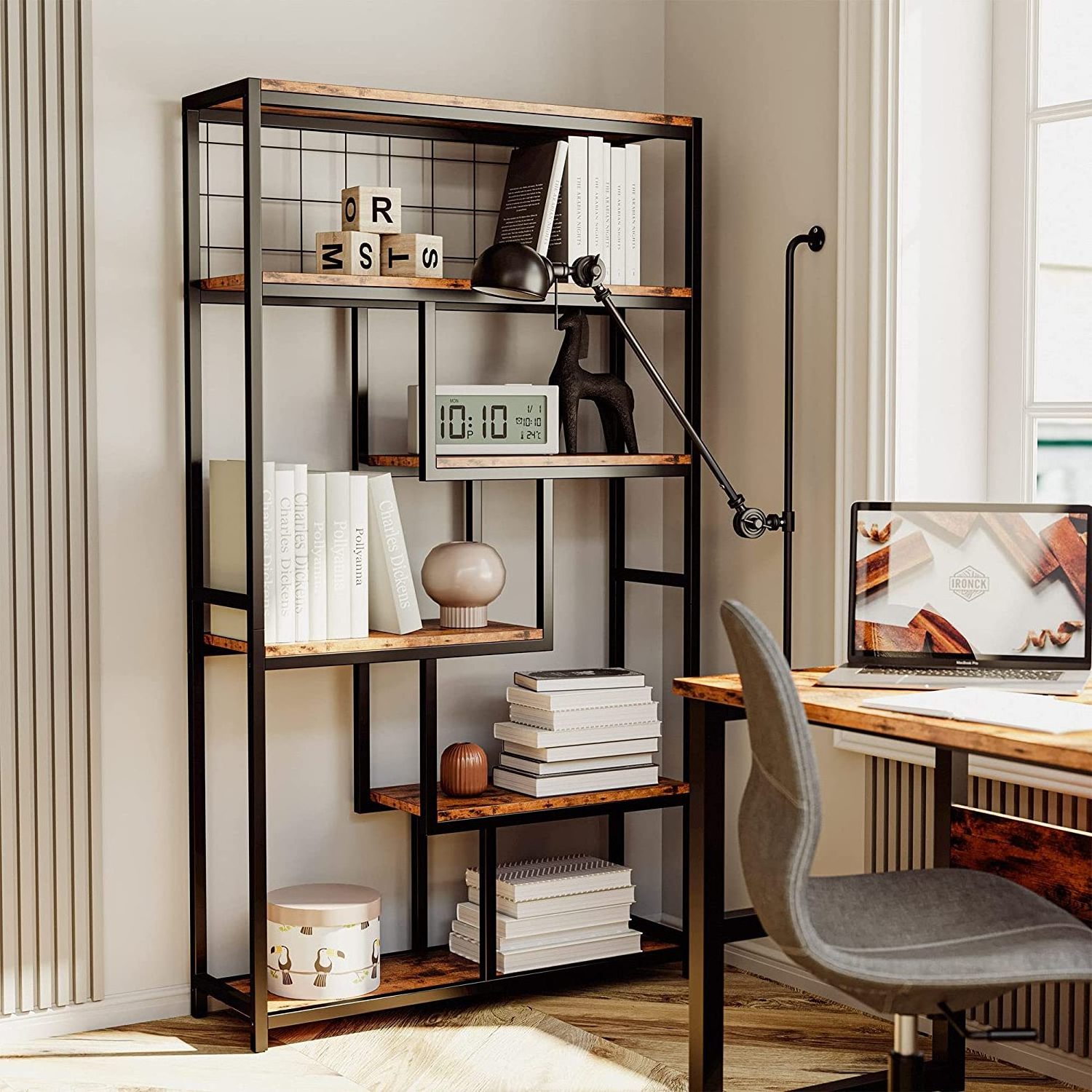 Industrial Open Display Shelves Geometric Bookcase with Sturdy Metal Frame Bookcase