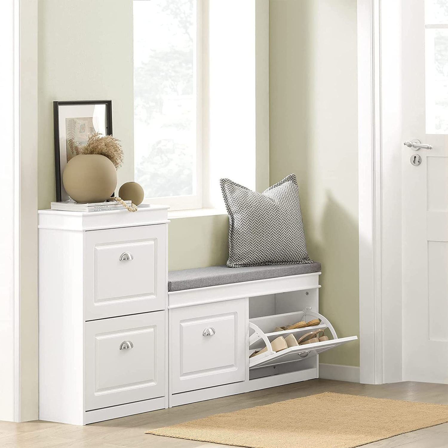 White Storage Bench with Drawers & Padded Seat Cushion for entryway