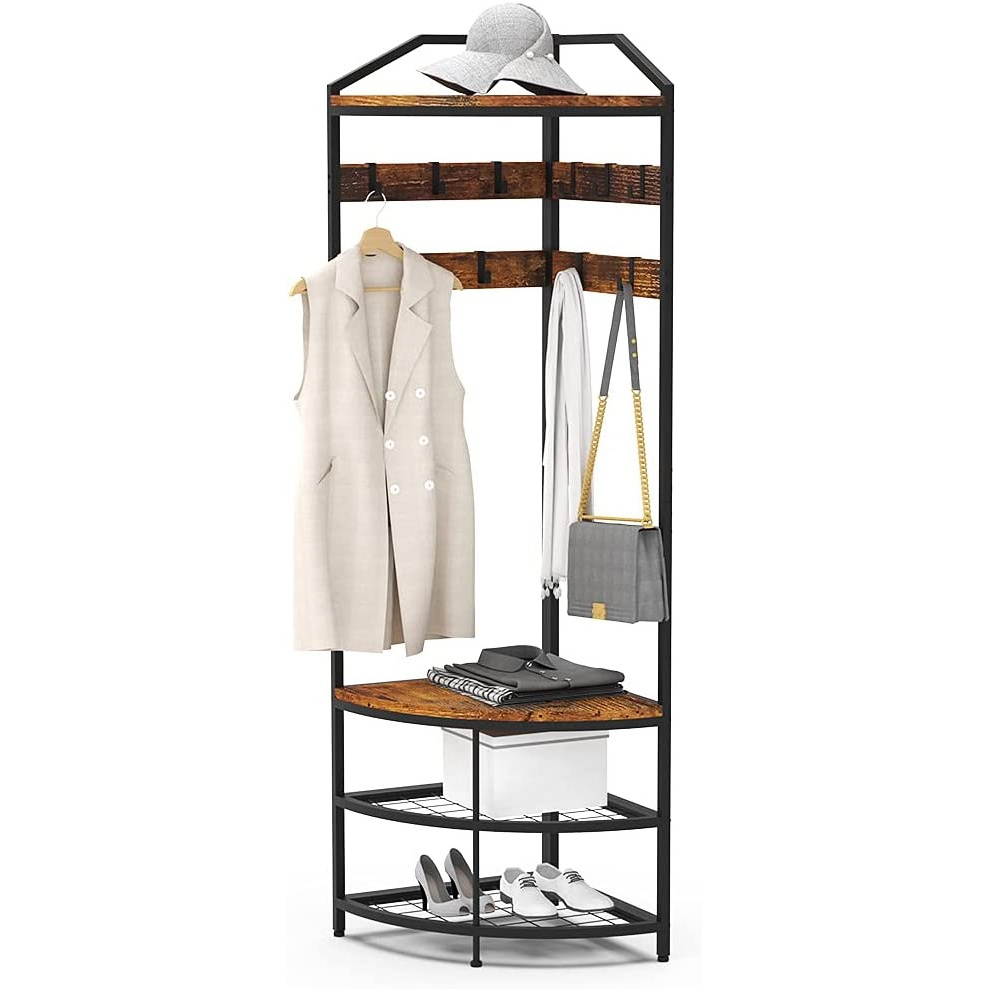 Movable Hooks Freestanding Clothes Rack Shoes Shelf Organizer for Home Office Bedroom with Shoe Bench Entryway Coat Rack