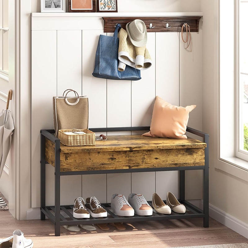 Rustic Brown Entryway Shoe Rack Bench with Storage Box