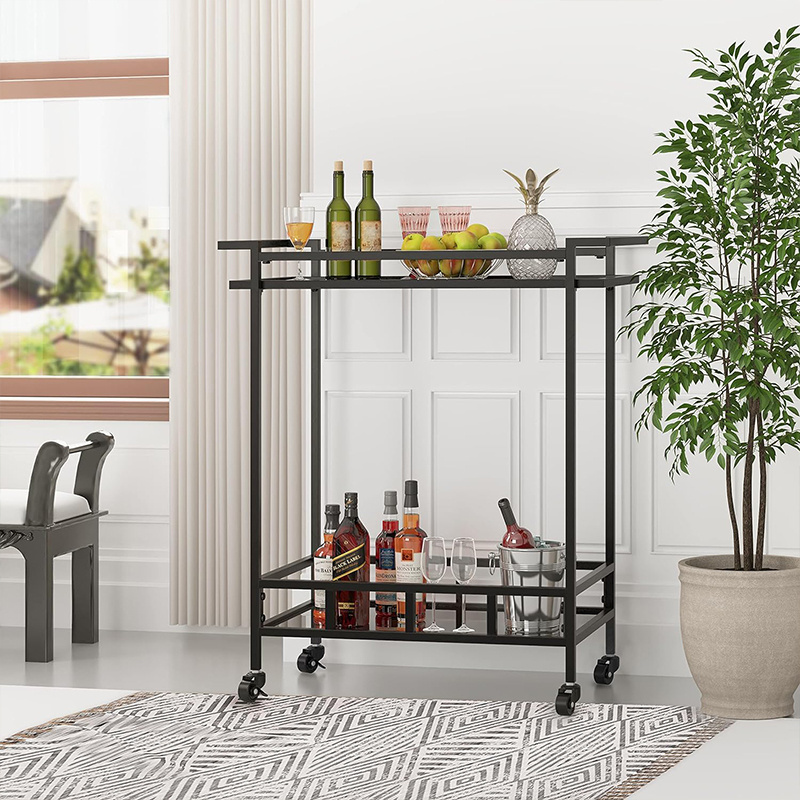 Black Glass Rolling Bar Serving Cart Home on Lockable Wheels stainless steel kitchen islands & carts