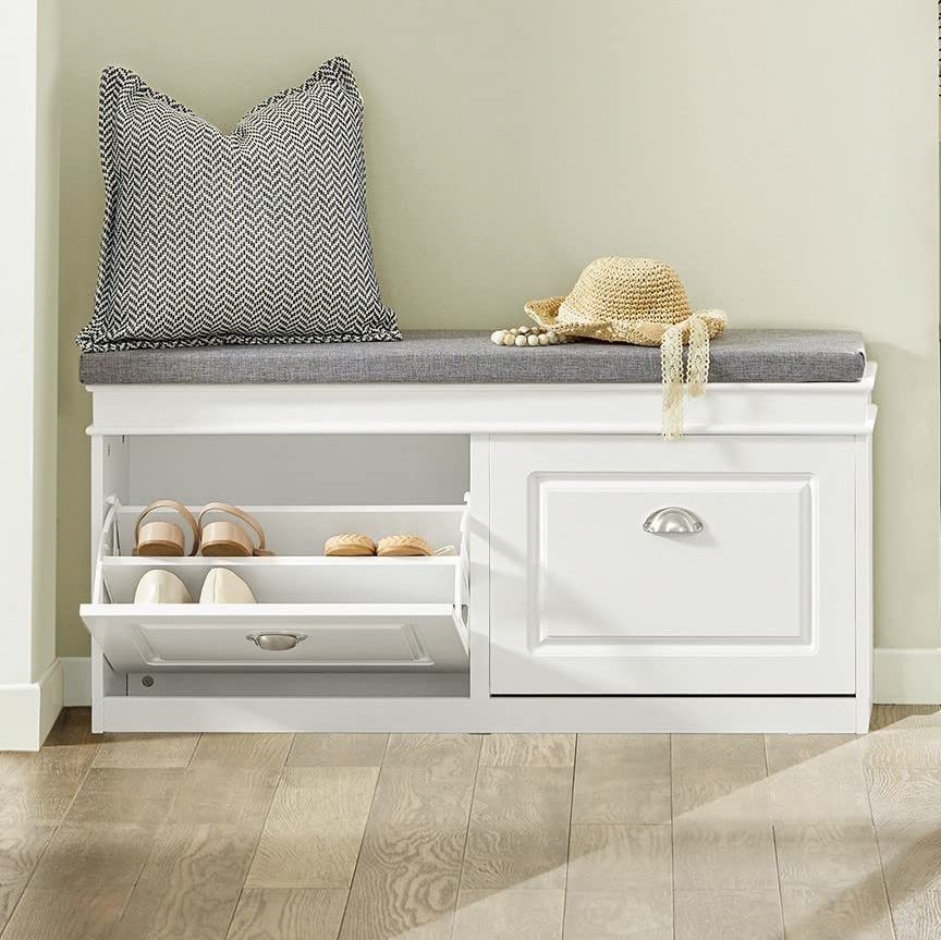 White Storage Bench with Drawers & Padded Seat Cushion for entryway