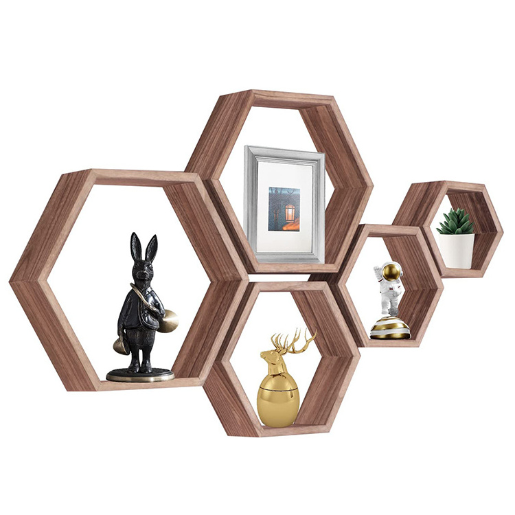 Rustic Wall Shelf Home Decor Wooden Floating Cube Hexagon Wall Hanging Shelf