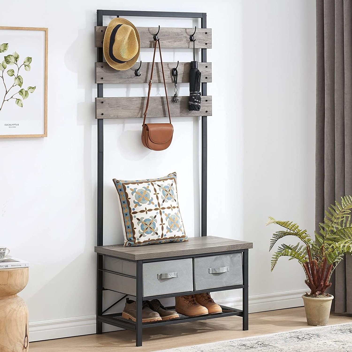 Modern Farmhouse Hall Tree Shoe Bench with Storage Drawers Entryway Coat Rack Bench Metal Frame