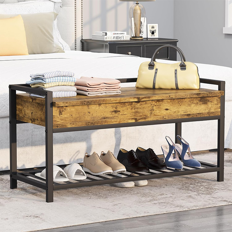 Rustic Brown Entryway Shoe Rack Bench with Storage Box