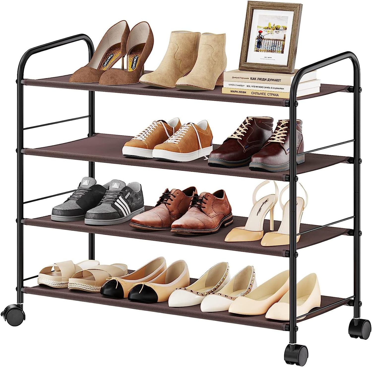 4 Tier Metal Portable Shoe Rack Storage Organizer with Wheels Adjustable Fabric Shoe Folder Rack for Home Entryway Hallway