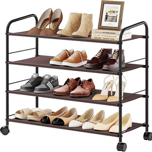 4 Tier Metal Portable Shoe Rack Storage Organizer with Wheels Adjustable Fabric Shoe Folder Rack for Home Entryway Hallway