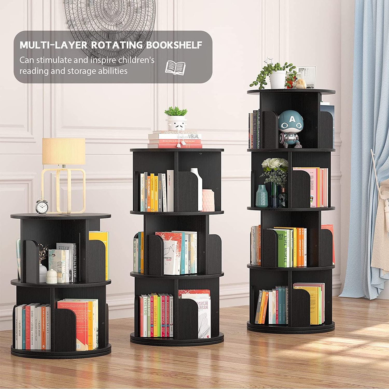 Wooden Slim Rotating Book Shelf Display Corner Bookcase for Small Space