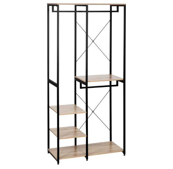 Coat Stand Laundry Rack Clothes Hanging Shelf with Black Light Oak Cloth Stand Rack Made of Wood and Steel