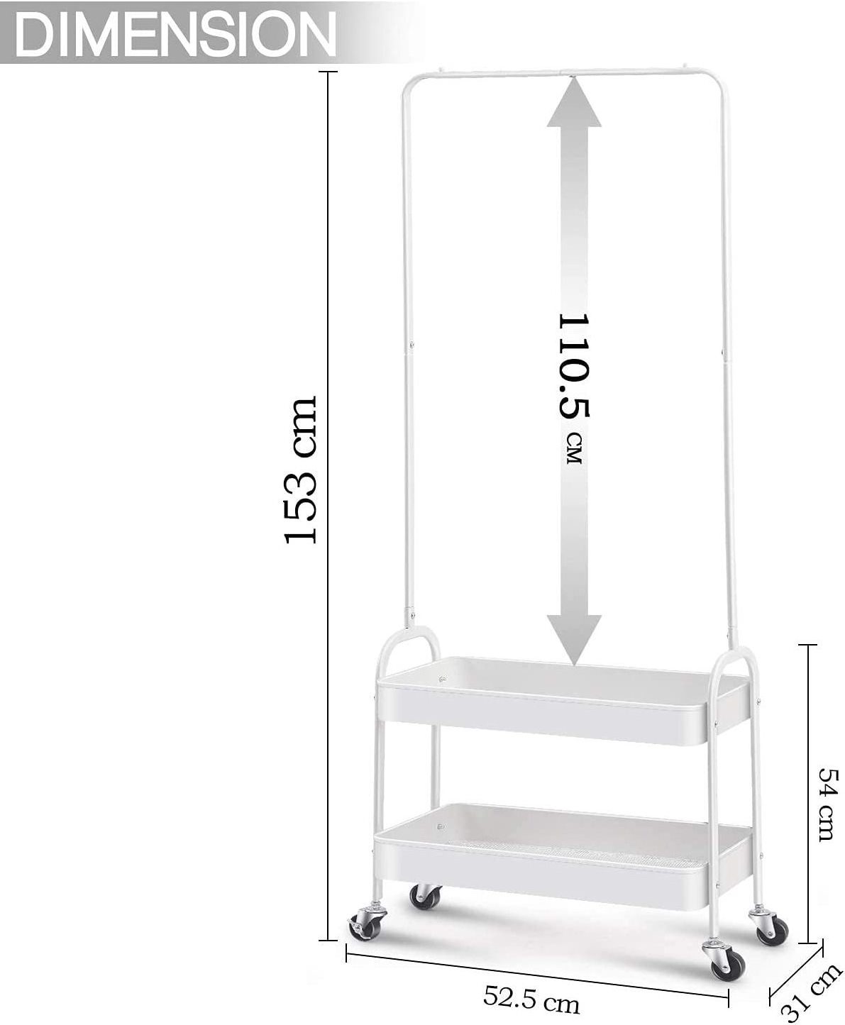 Metal Coat Stand Clothes Rail with Wheels Bedroom Clothes Rack Freestanding Shelf Trolley with 2 Tier Storage Shelf