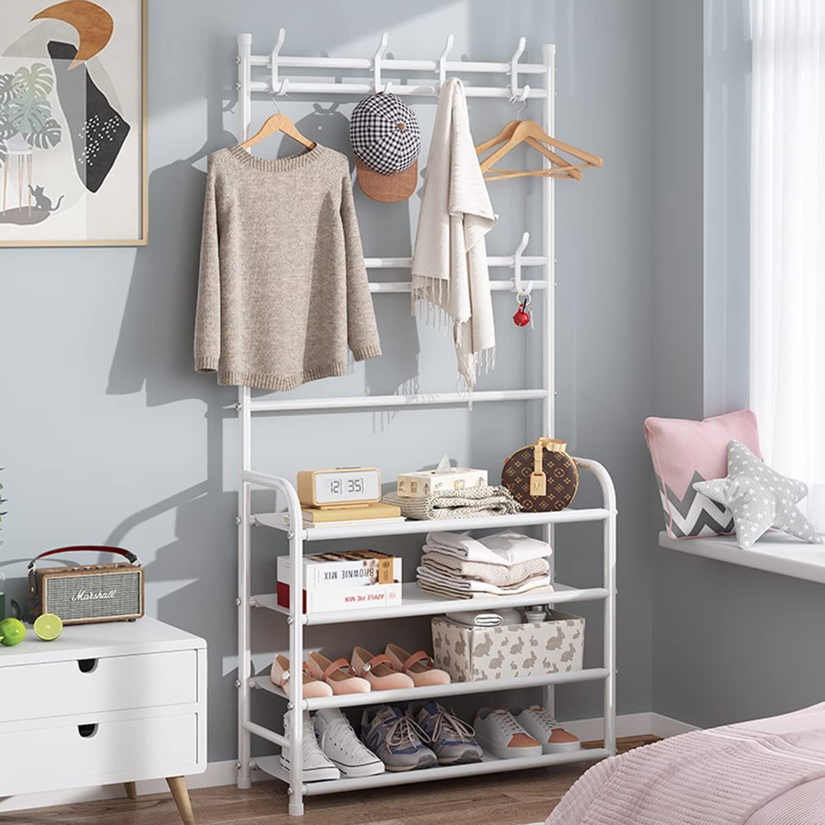 Metal Shoe Rack with Coat Rack Stand Organizer Closet Entryway