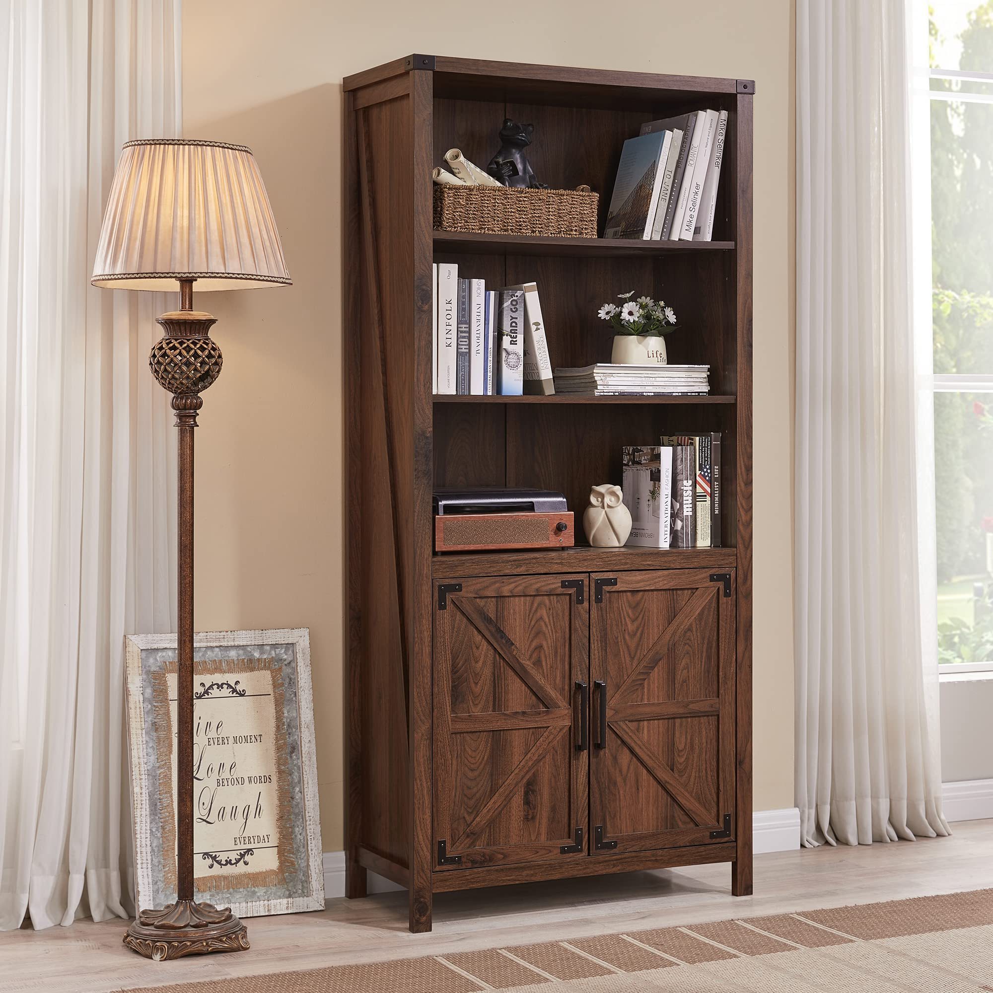 Farmhouse Bookcase with Doors 5 Shelf Bookshelf with Cabinet Beautiful Crosshatch Design Bookshelf for Bedroom