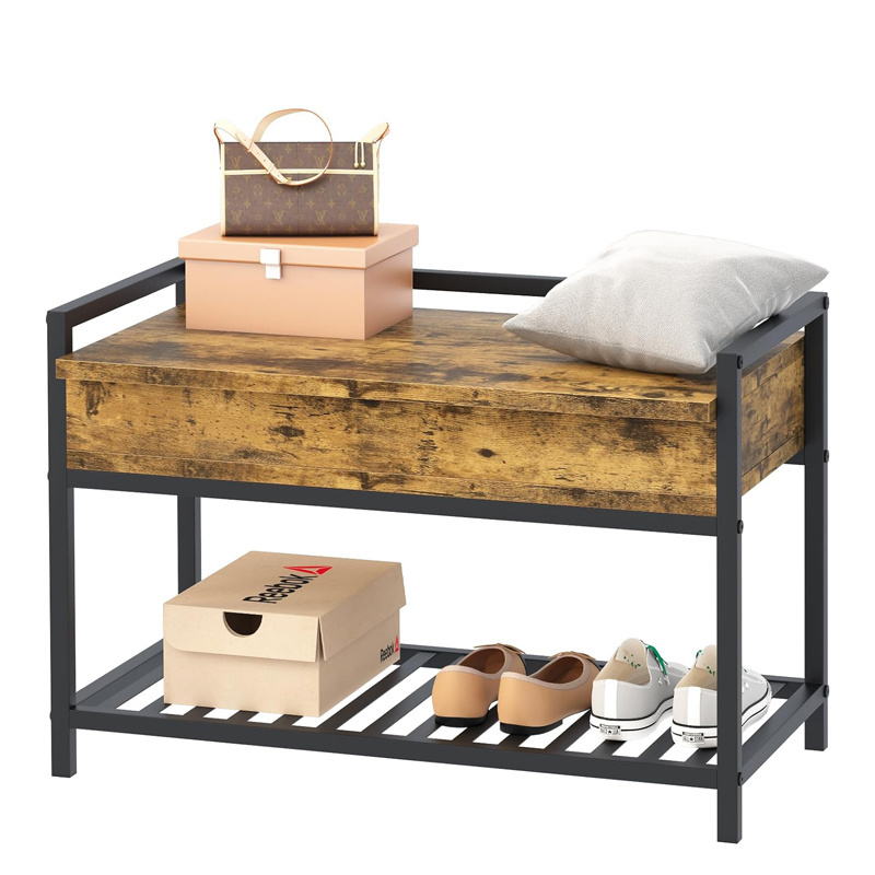 Rustic Brown Entryway Shoe Rack Bench with Storage Box