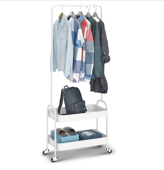 Metal Coat Stand Clothes Rail with Wheels Bedroom Clothes Rack Freestanding Shelf Trolley with 2 Tier Storage Shelf