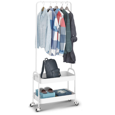 Metal Coat Stand Clothes Rail with Wheels Bedroom Clothes Rack Freestanding Shelf Trolley with 2 Tier Storage Shelf