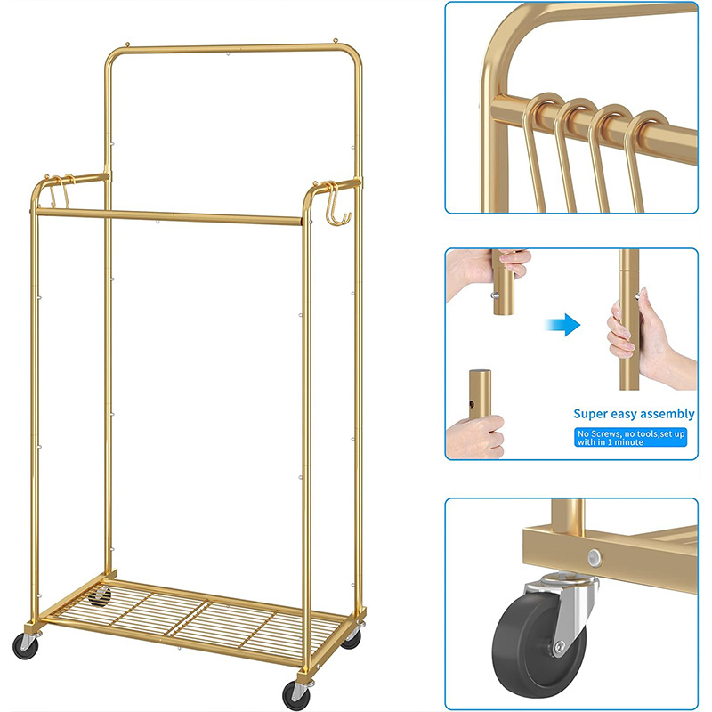 Heavy Duty Clothing Rolling Rack on Wheels for Hanging Clothes Simple Trending Double Rod Clothes Garment Rack