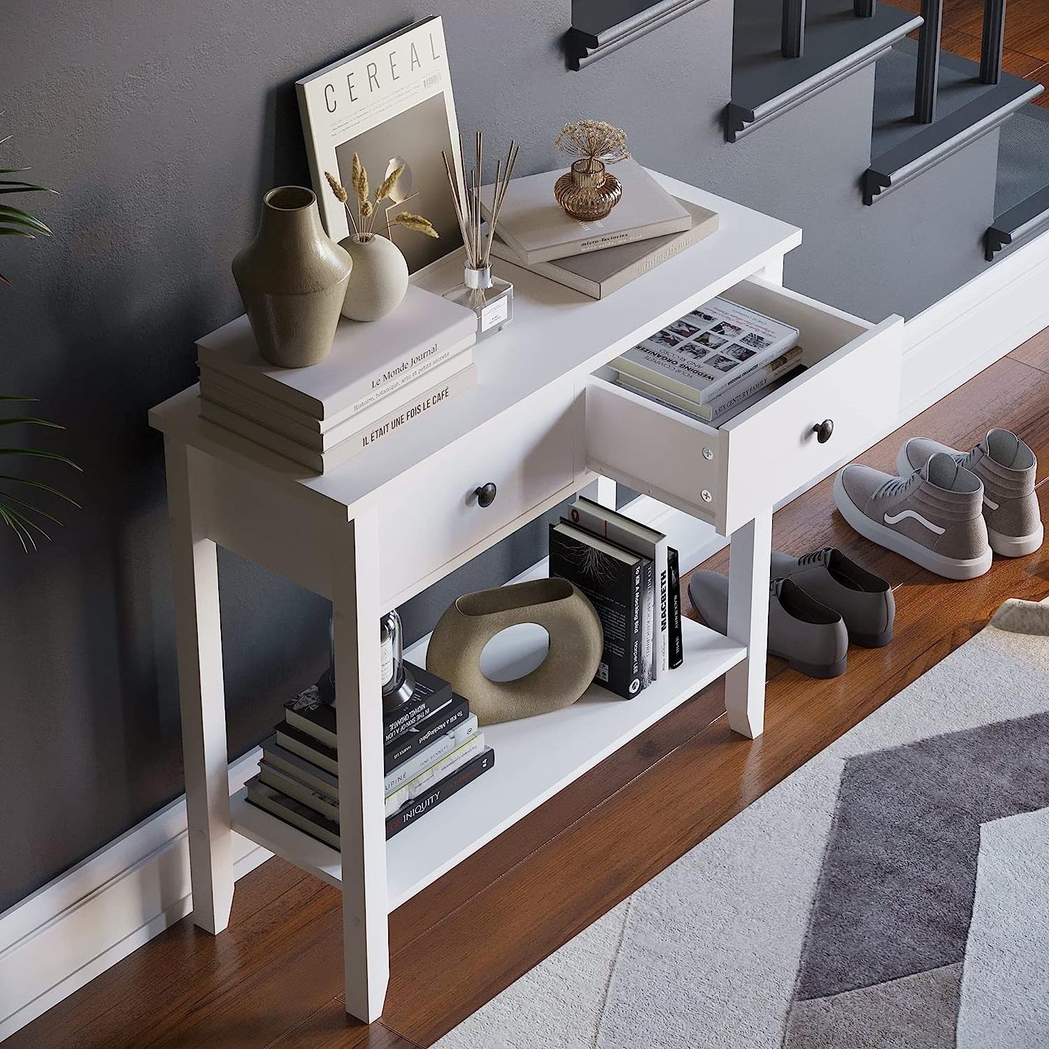 Small Wood Entry Way Console Cabinet Table with Drawers and Shelf