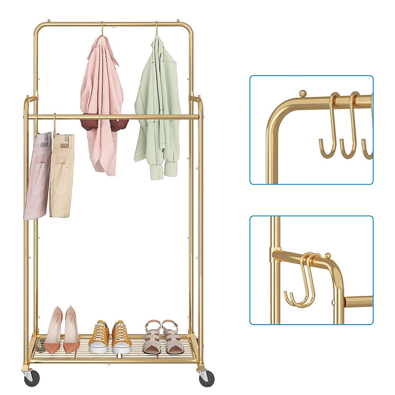 Heavy Duty Clothing Rolling Rack on Wheels for Hanging Clothes Simple Trending Double Rod Clothes Garment Rack