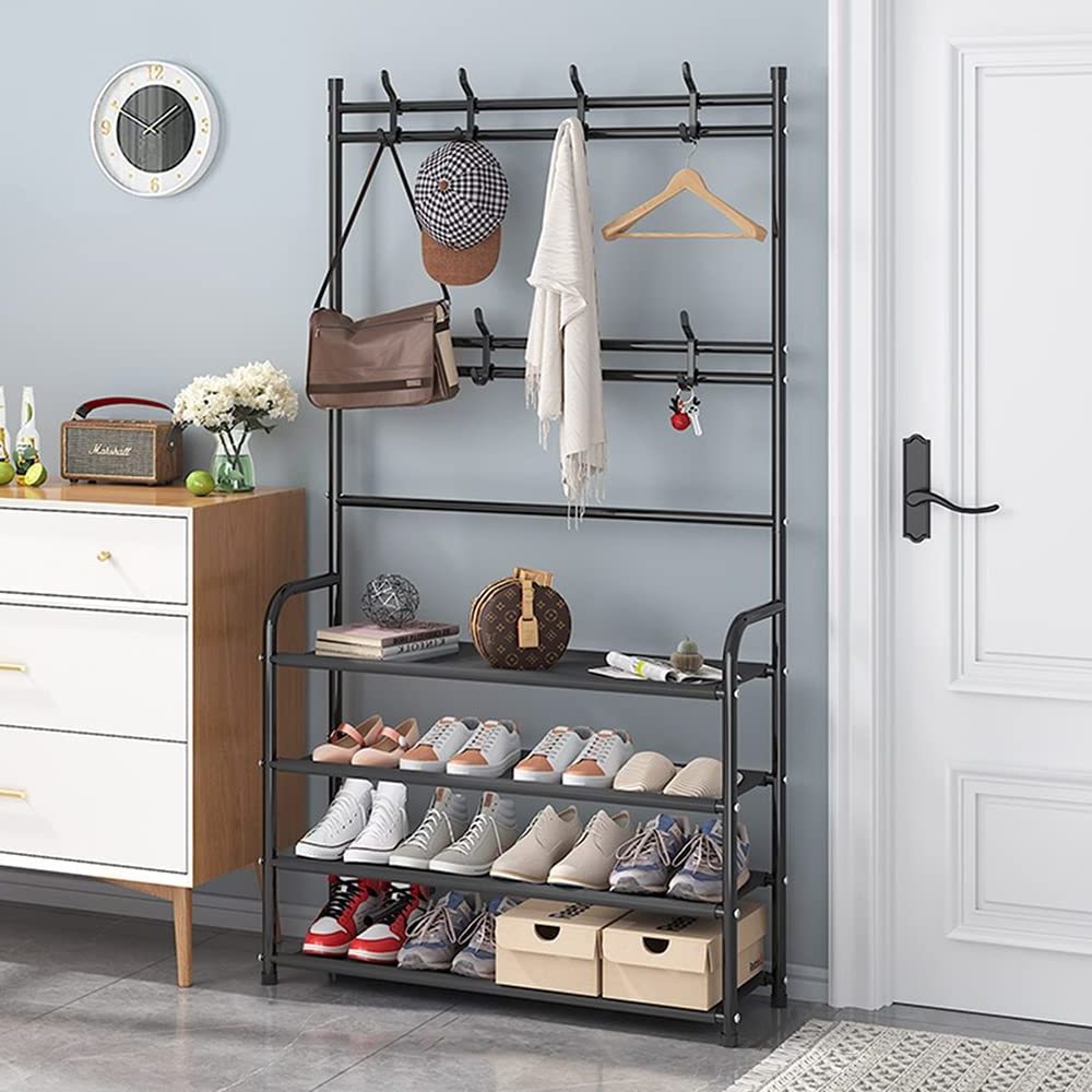 Metal Shoe Rack with Coat Rack Stand Organizer Closet Entryway