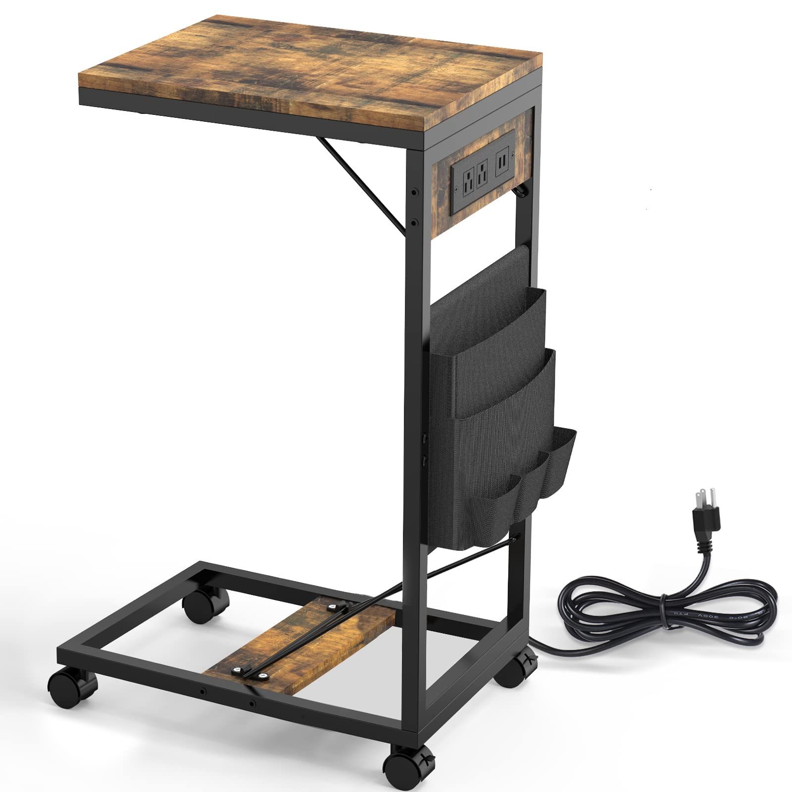 Assembled C End Table Foldable Side Table with Charging Station Storage Bag Wheels