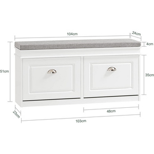 White Storage Bench with Drawers & Padded Seat Cushion for entryway