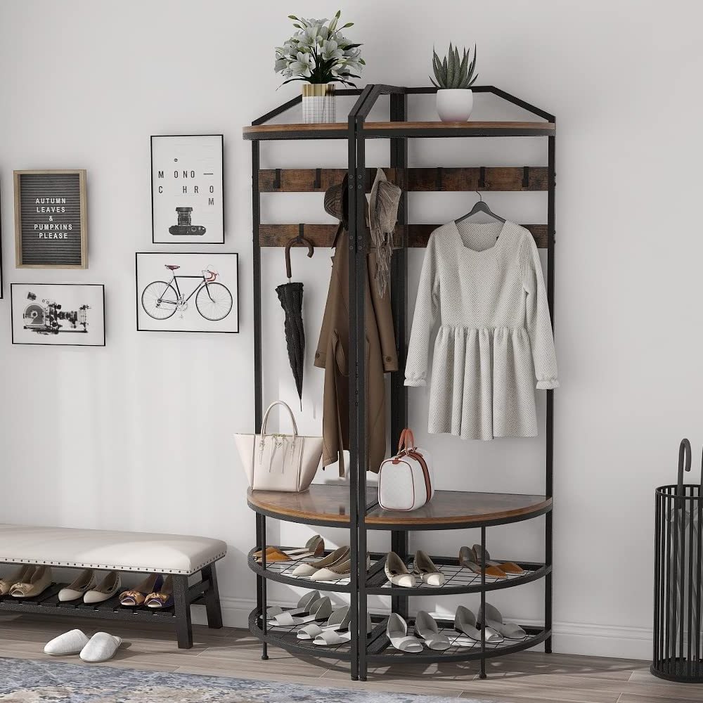 Movable Hooks Freestanding Clothes Rack Shoes Shelf Organizer for Home Office Bedroom with Shoe Bench Entryway Coat Rack