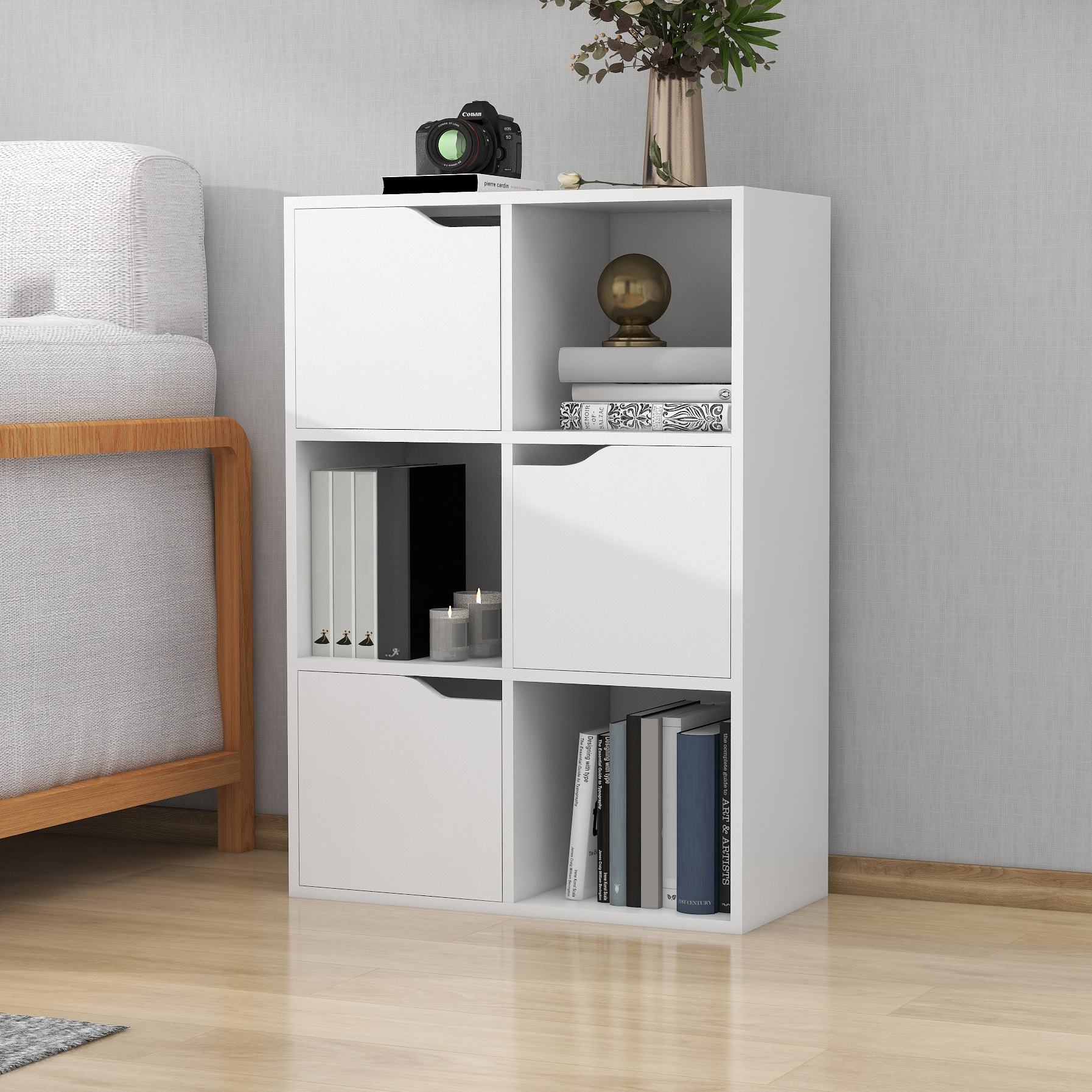 6 Cube Organizers 3 Cabinets with Doors and 3 Open Cubes Book Display Shelves Storage Case Bookshelf for Living Room