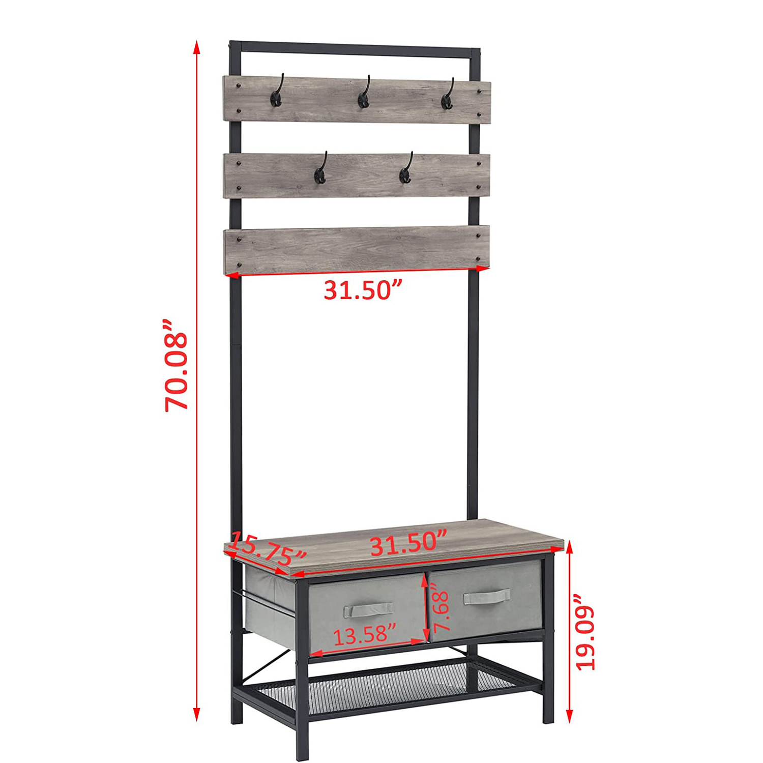 Modern Farmhouse Hall Tree Shoe Bench with Storage Drawers Entryway Coat Rack Bench Metal Frame