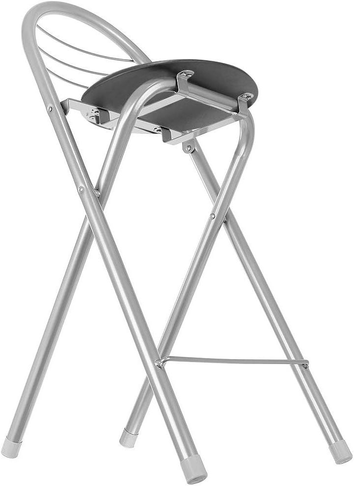 Silver Black Folding High Bar Stool with Back Rest and Footrest Counter Bar Chair for Kitchen Breakfast