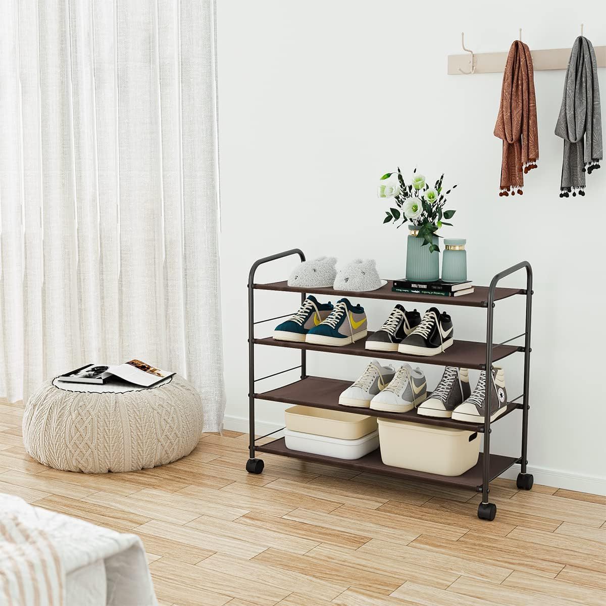 4 Tier Metal Portable Shoe Rack Storage Organizer with Wheels Adjustable Fabric Shoe Folder Rack for Home Entryway Hallway