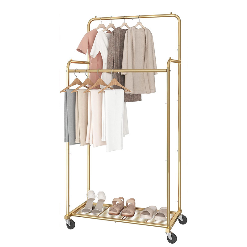 Heavy Duty Clothing Rolling Rack on Wheels for Hanging Clothes Simple Trending Double Rod Clothes Garment Rack