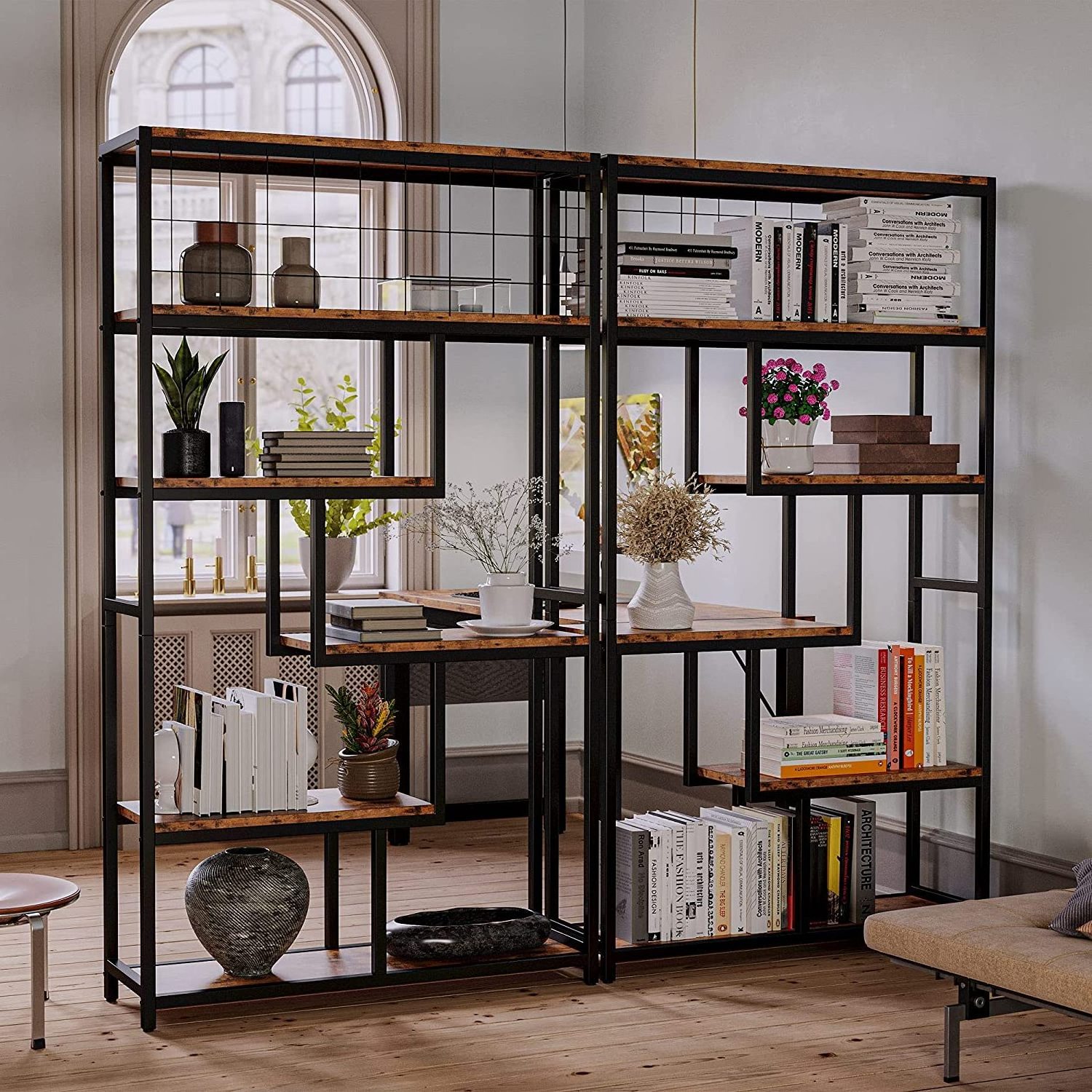 Industrial Open Display Shelves Geometric Bookcase with Sturdy Metal Frame Bookcase