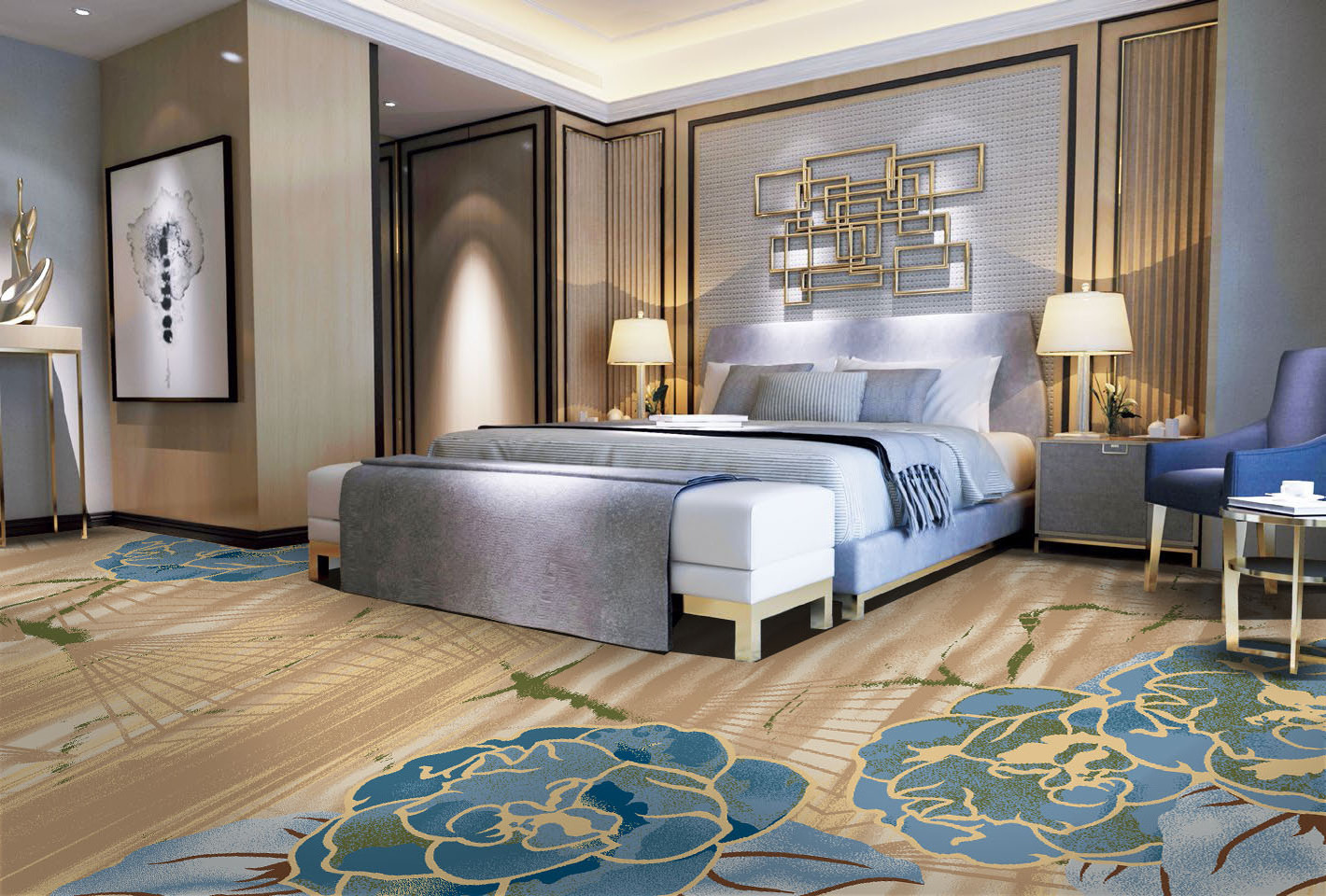 Modern design luxury hotel bedroom casino large floor covering wall to wall flame retardant commercial printed carpet floor tile