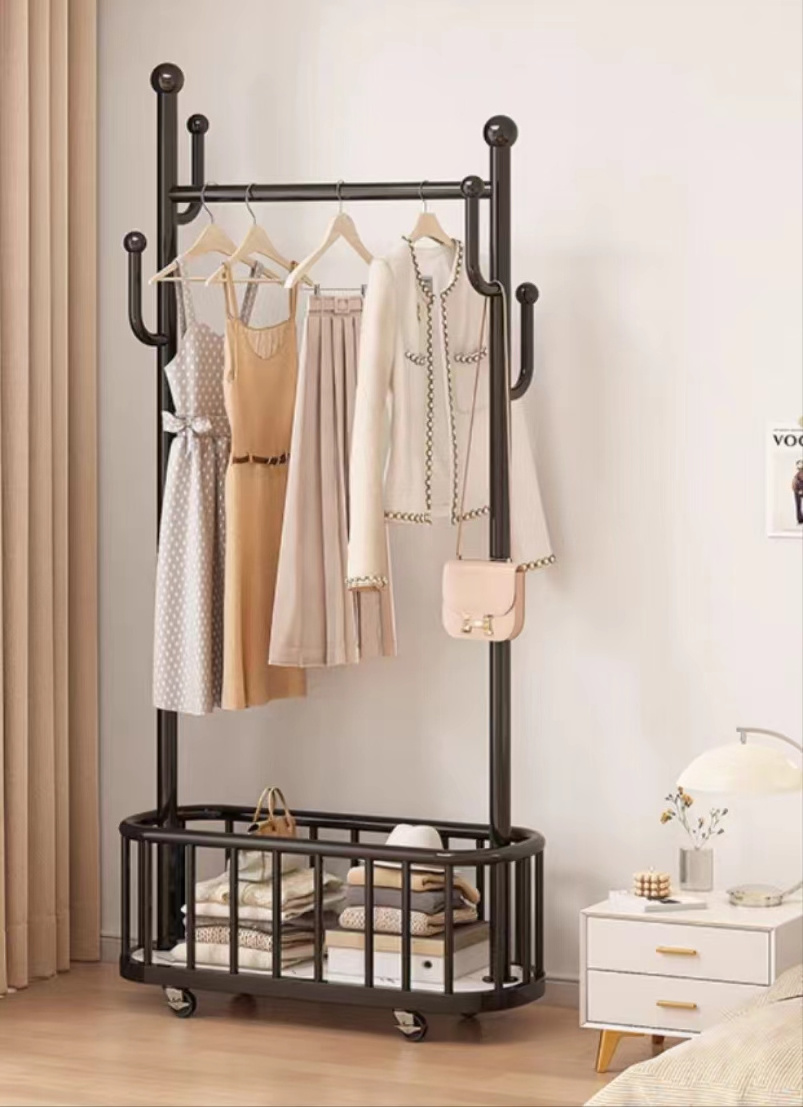 Cheap movable clothes rack with wheels, living room clothes storage rack simple clothes rack, bedroom floor hanging clothes rack